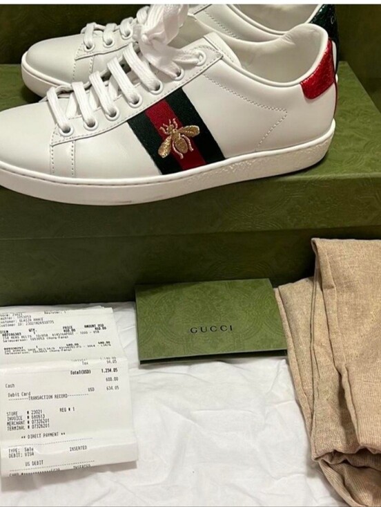 Gucci Shoes - Gucci White Leather Sneaker with Red & Green Bee Stripe